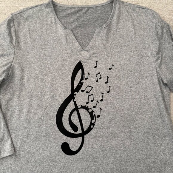 Music Treble Clef Top Size XL Gray Three Quarter Sleeve Stretch Knit - Picture 2 of 9
